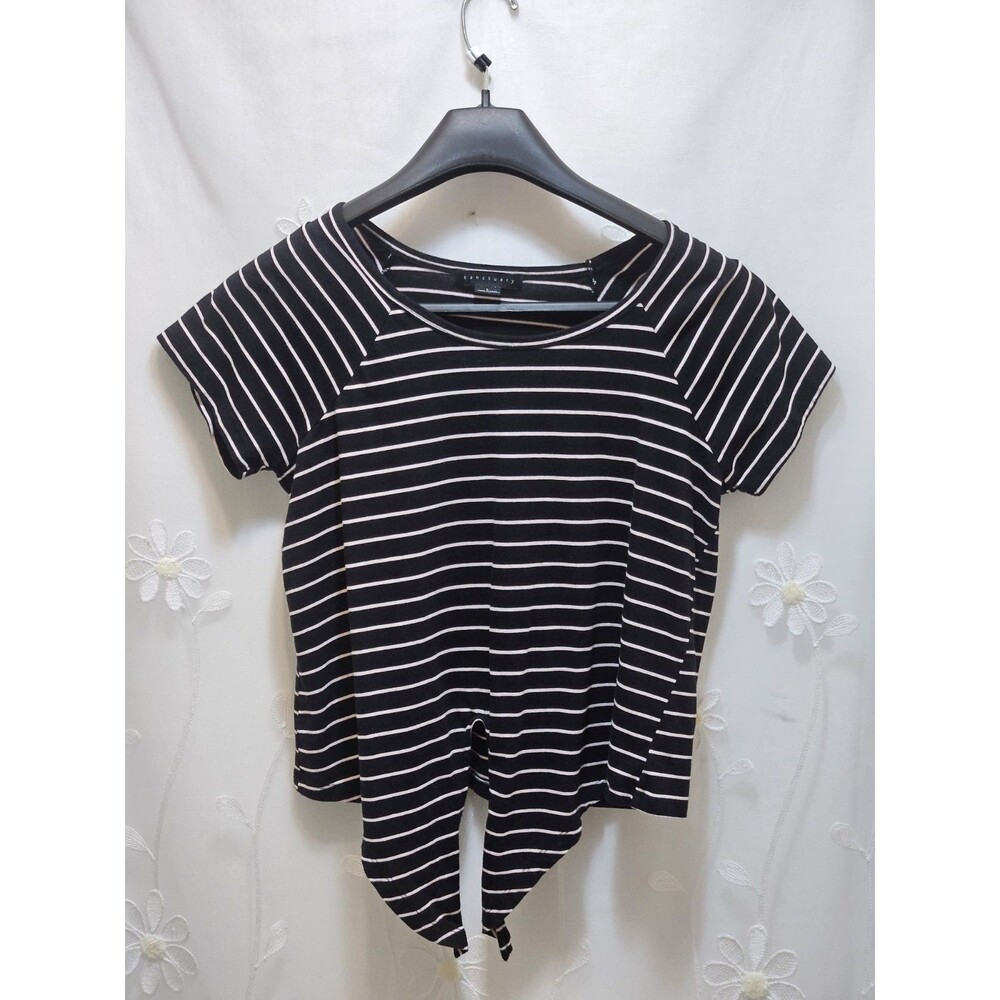 Sanctuary Womens Large Black White Top Stripes Tie-Front Raglan Scoop Nautical
